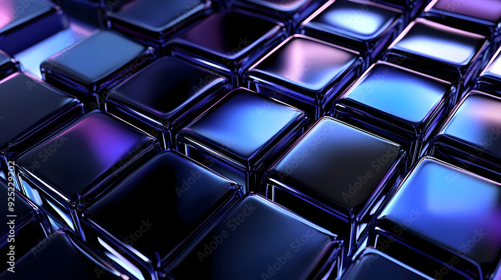 A close-up of shiny, reflective cubes arranged in a grid pattern. A close-up of shiny, reflective cubes arranged in a grid pattern.