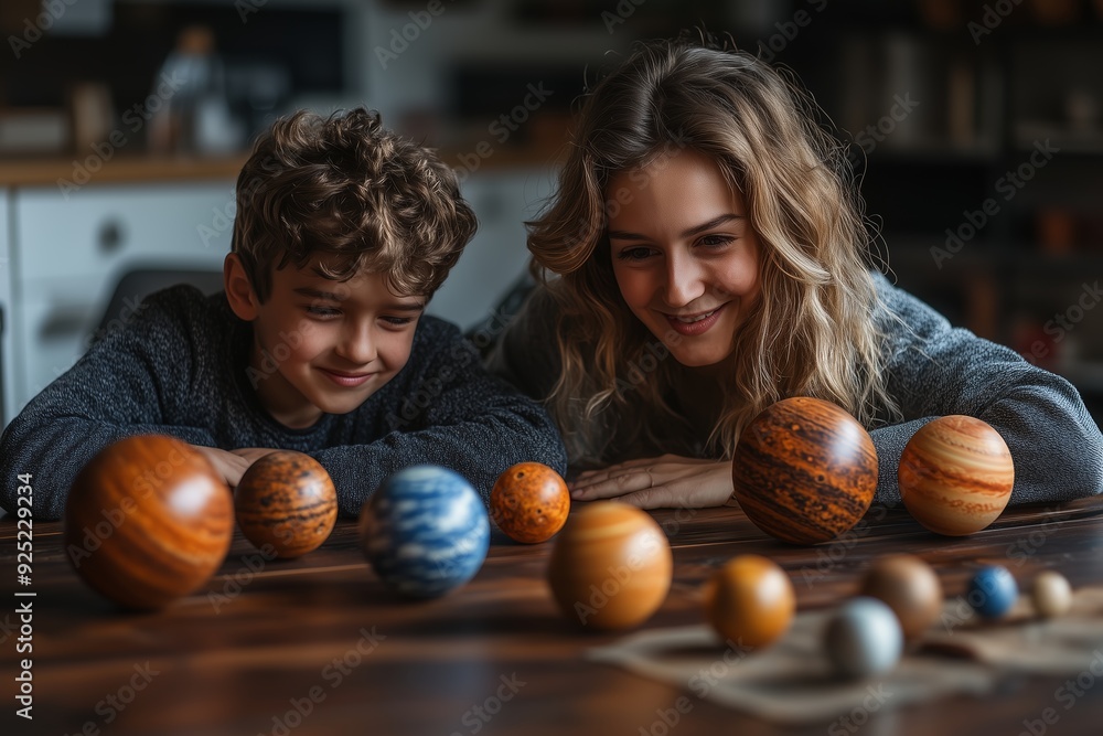 Fototapeta premium Children examining a collection of solar system models indoors during a quiet afternoon