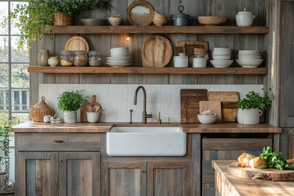 Handcrafted kitchen with natural decor and rustic shelving in a cozy home setting Handcrafted kitchen with natural decor and rustic shelving in a cozy home setting