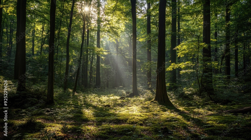 A tranquil forest with green deciduous trees, with sunlight filtering through the canopy, highlighting the beauty of nature
