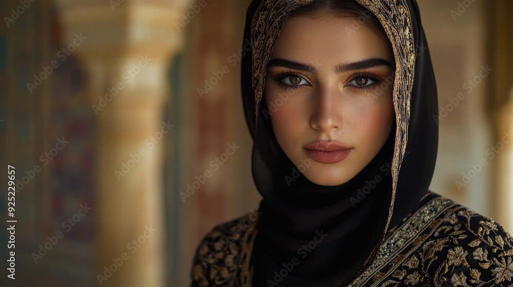 A young Middle Eastern woman in a black shawl looks directly at the viewer, surrounded by intricate architectural designs in soft evening light A young Middle Eastern woman in a black shawl looks directly at the viewer, surrounded by intricate architectural designs in soft evening light