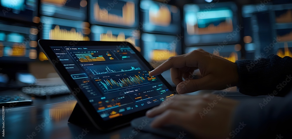 Engaging with Cutting-Edge Fintech Software on a Sleek Tablet in a High-Tech Financial Environment Engaging with Cutting-Edge Fintech Software on a Sleek Tablet in a High-Tech Financial Environment