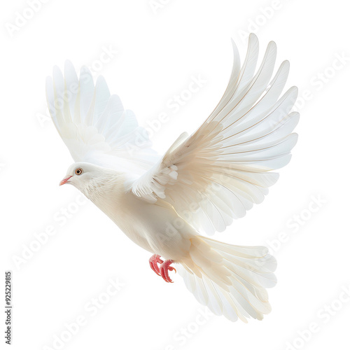 A white bird with red feet is flying in the air, transparent or white background
