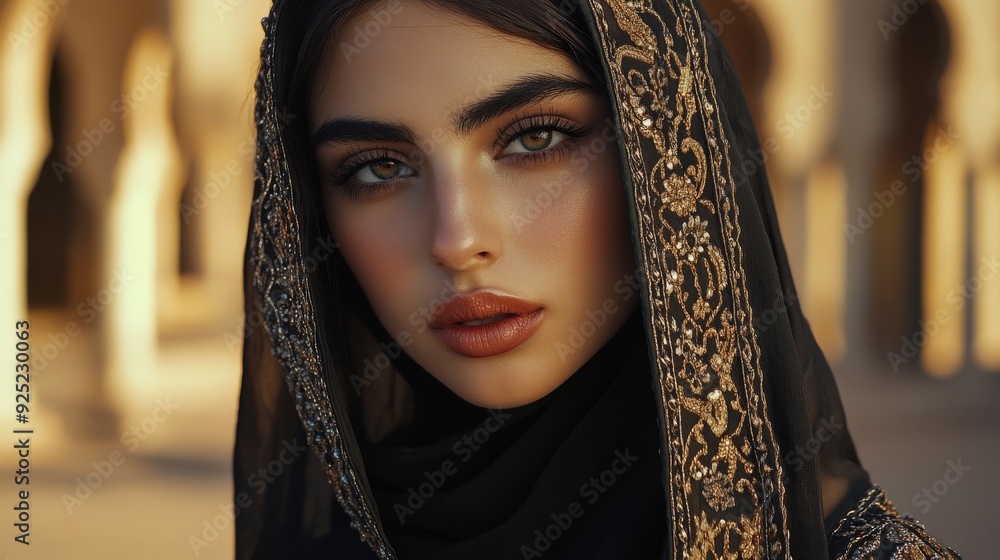 A young Middle Eastern woman dressed in traditional clothing gazes thoughtfully into the camera, capturing natural beauty and elegance A young Middle Eastern woman dressed in traditional clothing gazes thoughtfully into the camera, capturing natural beauty and elegance