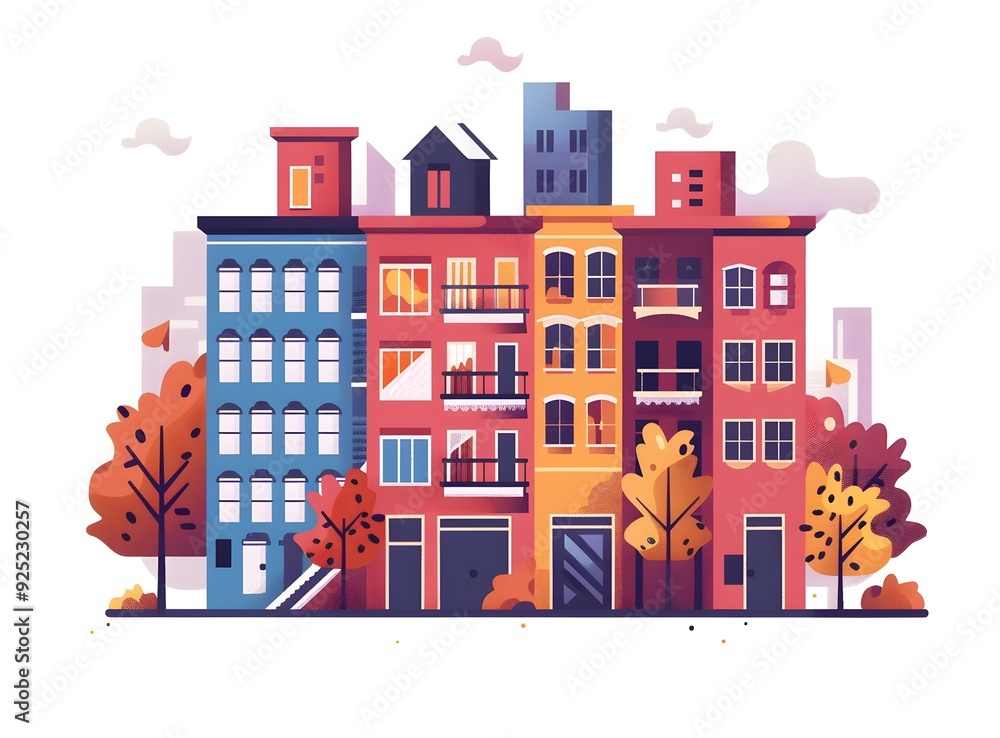 Colorful Row of Buildings With Trees on Sidewalks Colorful Row of Buildings With Trees on Sidewalks