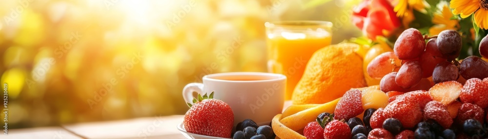 A vibrant arrangement of fresh fruits, coffee, and juice illuminated by warm sunlight, perfect for a healthy lifestyle. A vibrant arrangement of fresh fruits, coffee, and juice illuminated by warm sunlight, perfect for a healthy lifestyle.