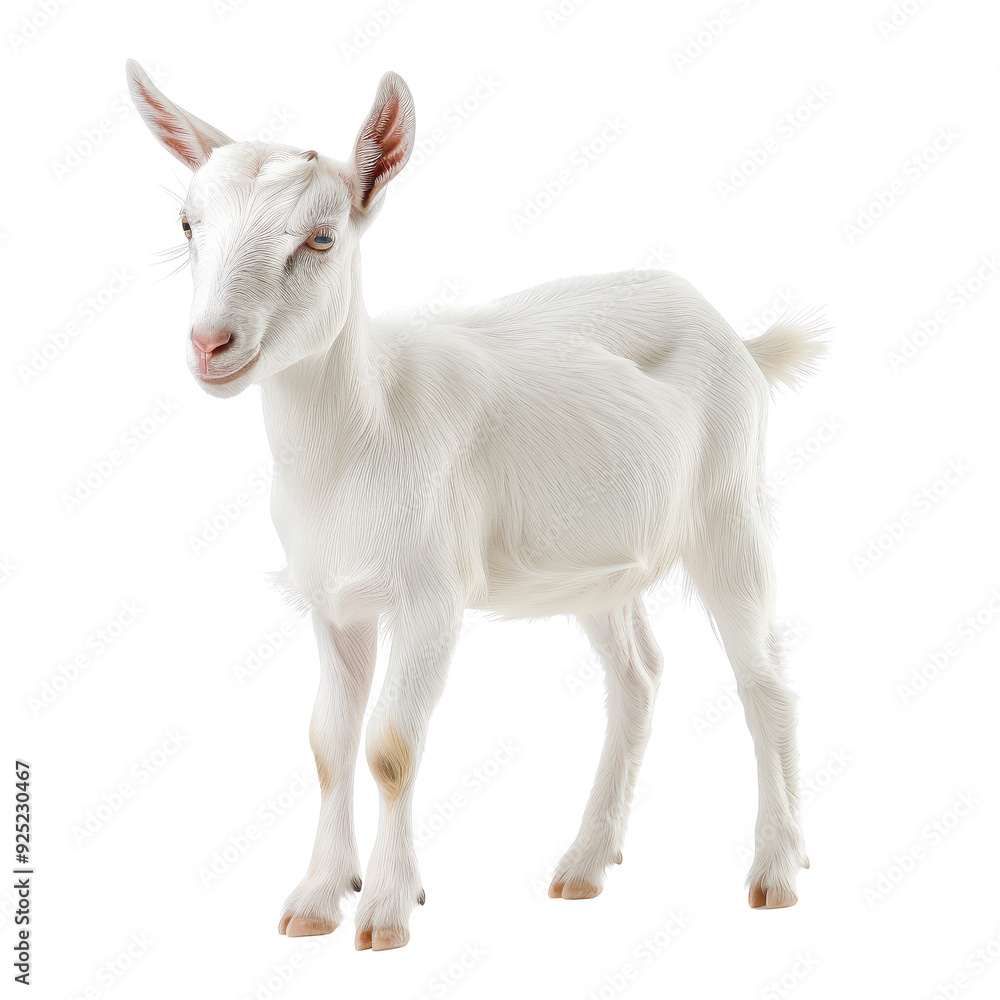 A white goat stands on a white background, transparent or white background A white goat stands on a white background, transparent or white background