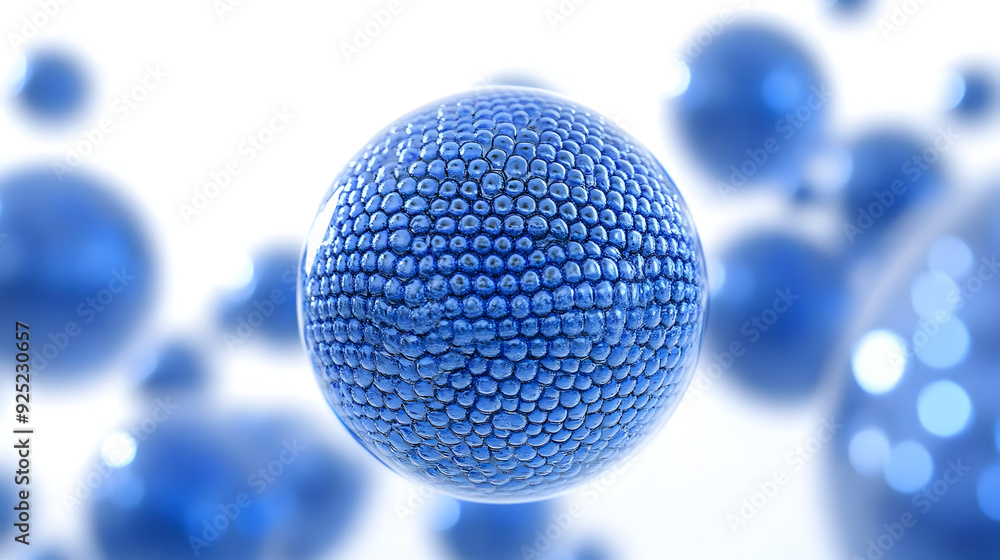 A close-up view of a blue spherical structure resembling microscopic particles. A close-up view of a blue spherical structure resembling microscopic particles.