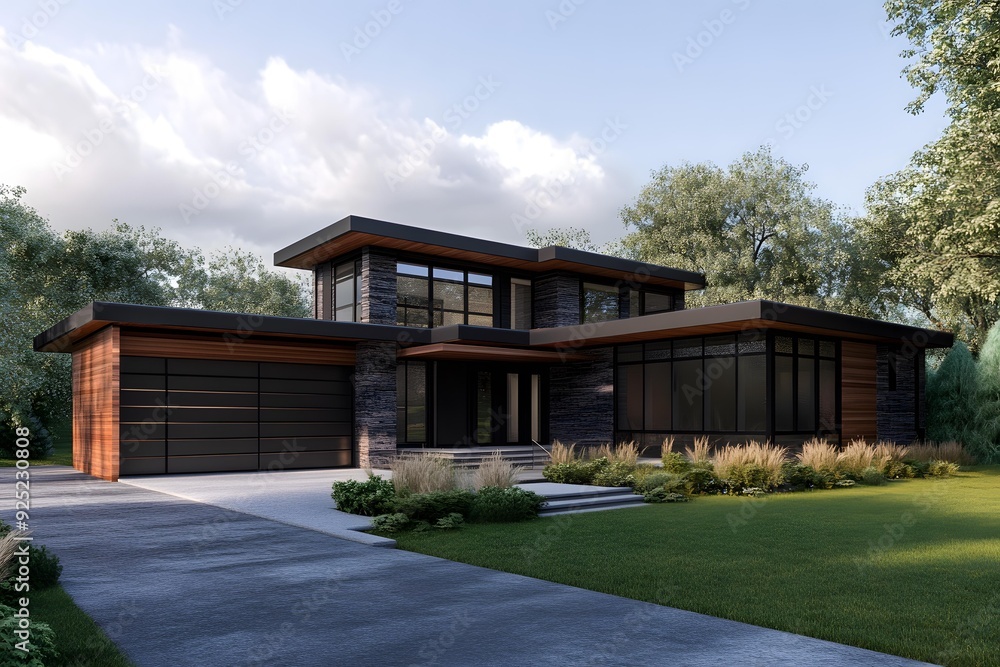Modern Home with Stone and Wood Exterior Modern Home with Stone and Wood Exterior