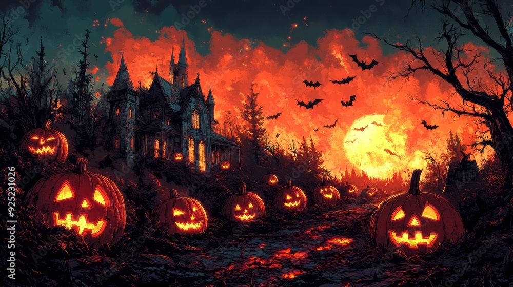 Haunted house with glowing jack-o'-lanterns at night - generative ai Haunted house with glowing jack-o'-lanterns at night - generative ai