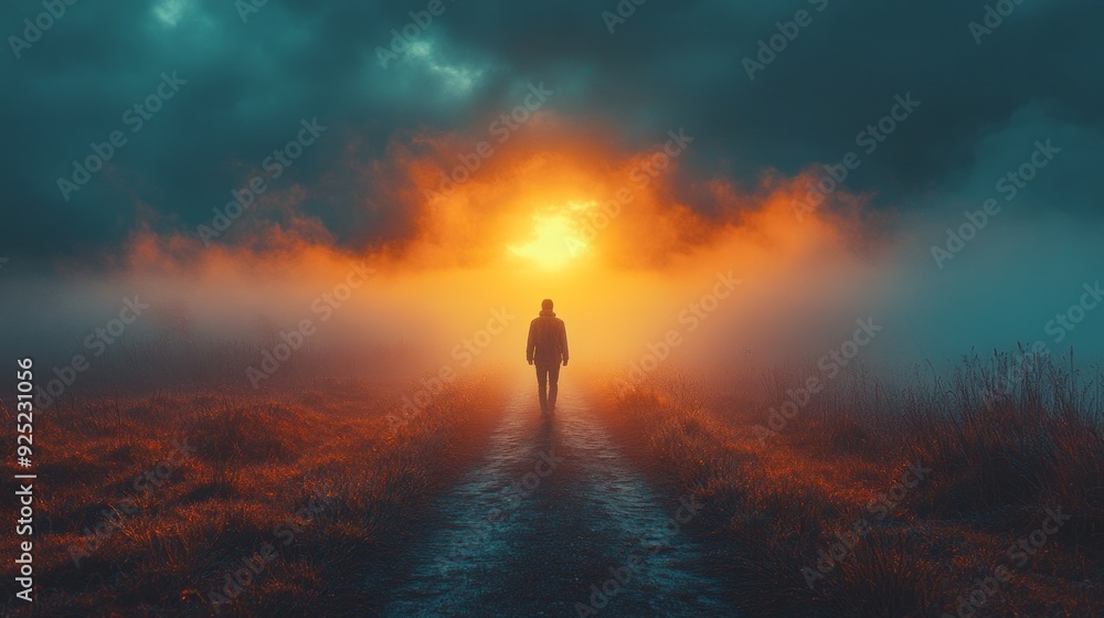 Fototapeta premium A lone figure strides down a path, approaching a breathtaking sunset that bathes the landscape in golden hues