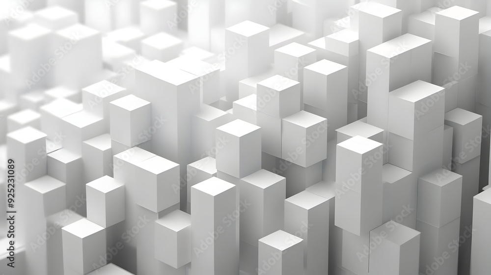 A close-up view of abstract white geometric shapes resembling a 3D cityscape.