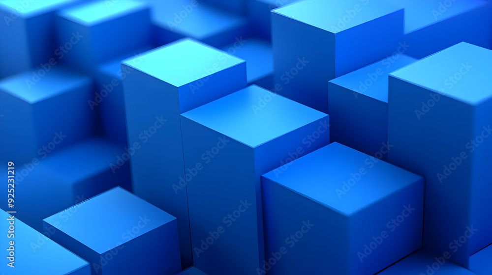 A close-up view of blue geometric blocks arranged in a 3D pattern. A close-up view of blue geometric blocks arranged in a 3D pattern.