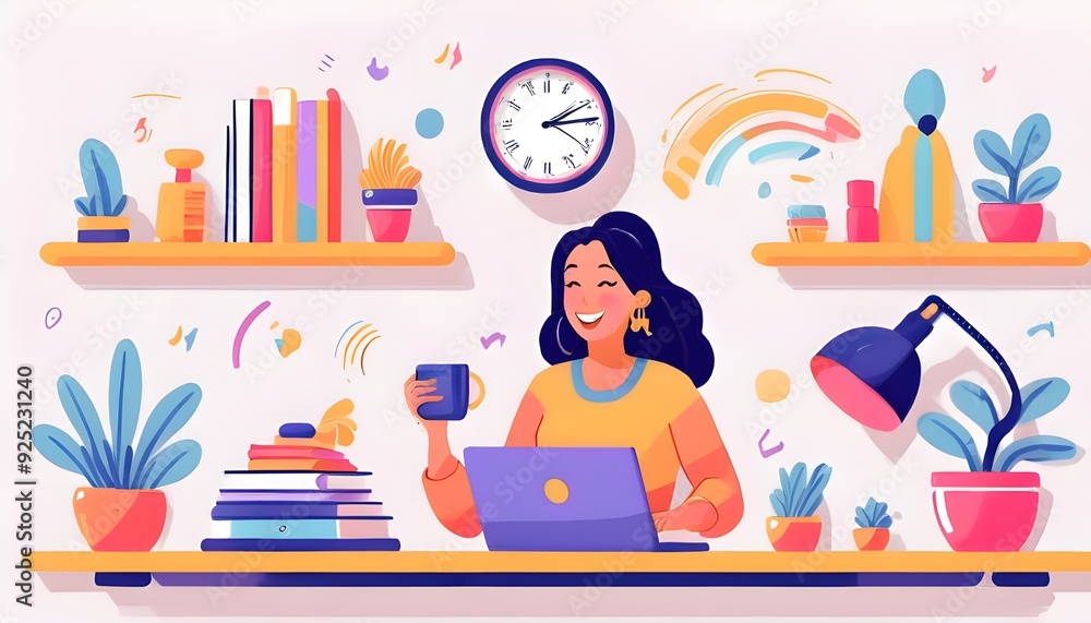 A woman at the desktop with a laptop. Freelancer or office worker. illustration in cartoon style