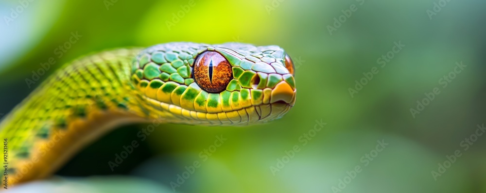 Close-up of a vibrant green snake showcasing intricate scales and striking eyes, set against a lush tropical background. Close-up of a vibrant green snake showcasing intricate scales and striking eyes, set against a lush tropical background.