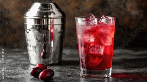 A vibrant glass of cranberry juice, filled with ice cubes, next to a shiny silver shaker, creating a refreshing cocktail setup photo