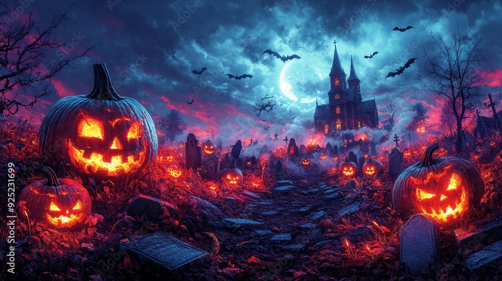Haunted halloween night with glowing jack-o'-lanterns - generative ai Haunted halloween night with glowing jack-o'-lanterns - generative ai