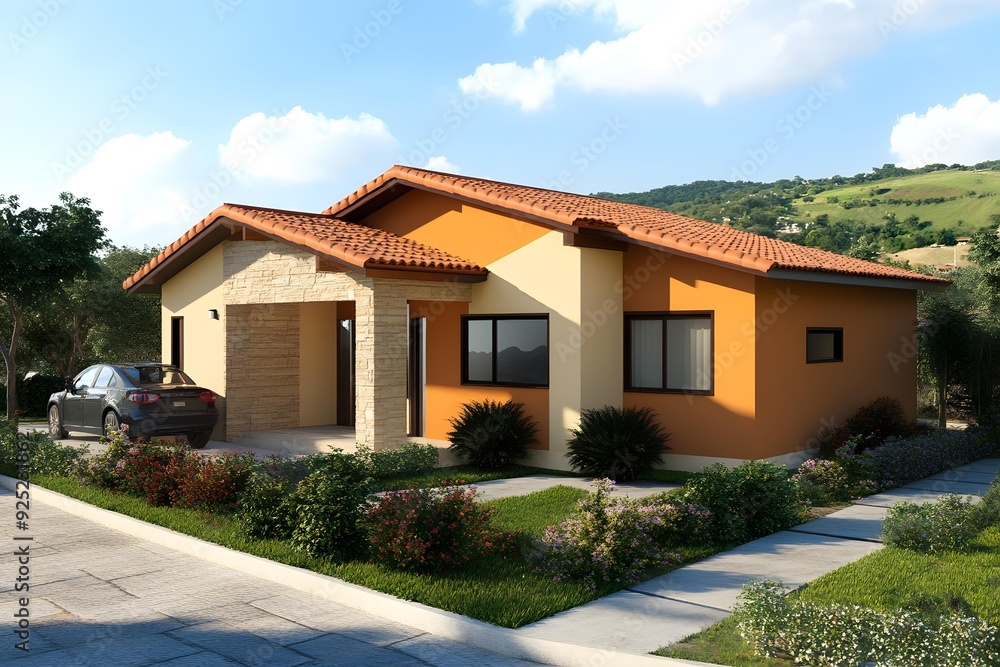 Modern House with Tile Roof and Stone Facade Modern House with Tile Roof and Stone Facade