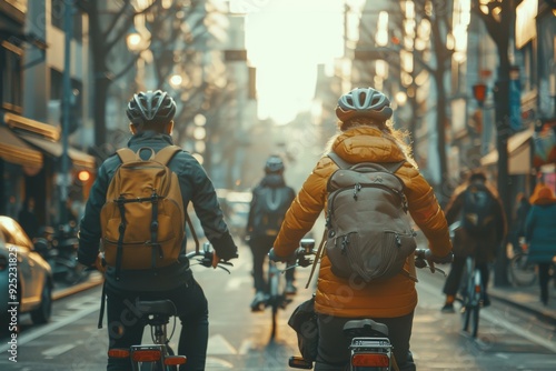 A group of cyclists navigating through an urban environment with buildings on either side of the street, enjoying an energetic and healthy ride during a busy day in the city.