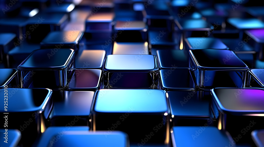 A close-up view of glossy, reflective 3D cubes arranged in a grid pattern. A close-up view of glossy, reflective 3D cubes arranged in a grid pattern.