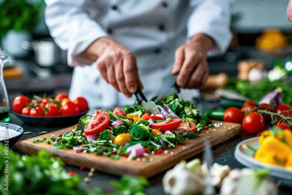 A chef, dressed in white, is meticulously arranging an assortment of fresh, colorful vegetables on a wooden cutting board, preparing a healthy and vibrant dish in the kitchen. A chef, dressed in white, is meticulously arranging an assortment of fresh, colorful vegetables on a wooden cutting board, preparing a healthy and vibrant dish in the kitchen.