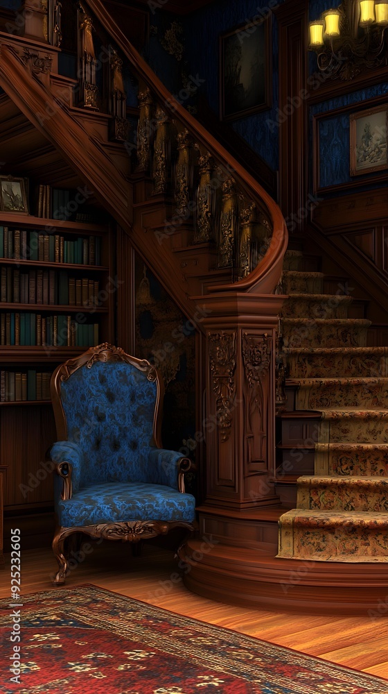 Ornate Wooden Staircase with Blue Upholstered Chair in Library Setting Ornate Wooden Staircase with Blue Upholstered Chair in Library Setting