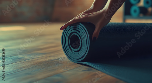 "Close-Up of a Woman's Hand Unrolling a Yoga Mat on a Wooden Floor"