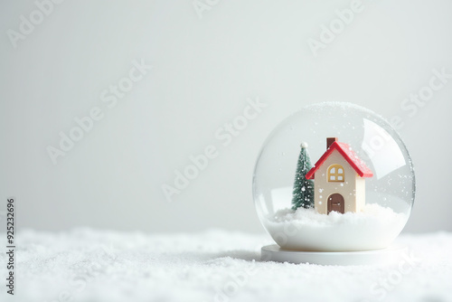 Christmas snowball with trees and house. Happy New Year and Merry Christmas banner. Glass snow globe design with copy space. Festive Christmas object