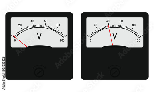 Vintage analog voltmeter device for measuring voltage. Vector illustration isolated on white background. Flat style