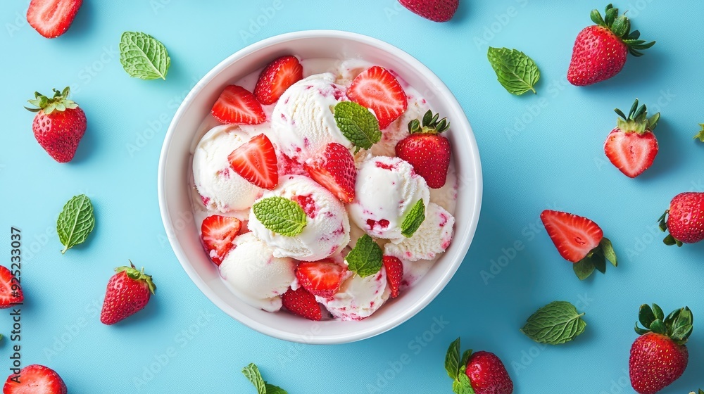A vibrant scene with a bowl of ice cream topped with strawberries and mint leaves, shot from a top-down perspective A vibrant scene with a bowl of ice cream topped with strawberries and mint leaves, shot from a top-down perspective
