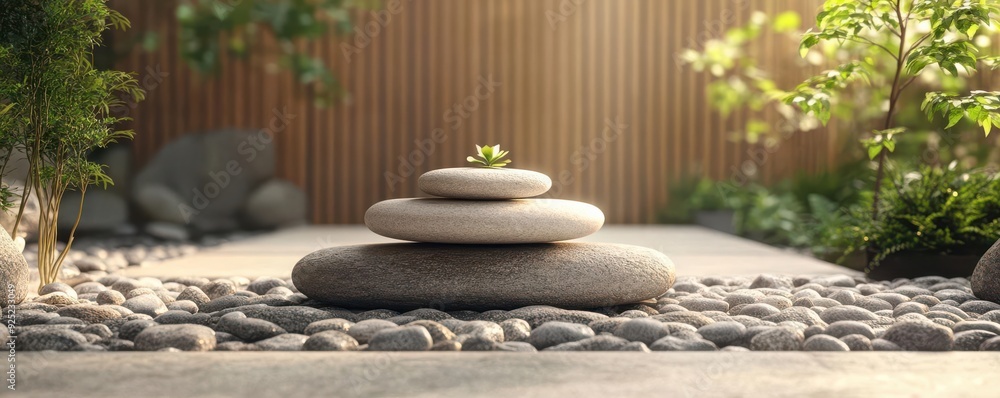 Podium with smooth pebble stones, zen and tranquility Podium with smooth pebble stones, zen and tranquility