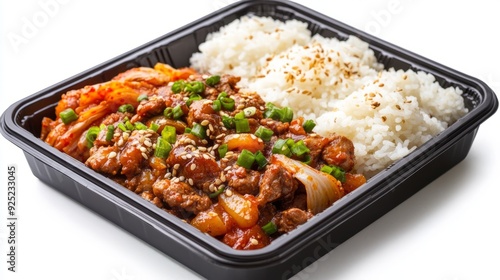 Delicious Bulgogi Kimchi & Rice in a Black Container - Studio Shot with Sun Shadows