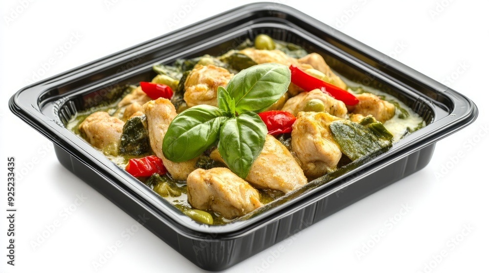 Green Curry with Chicken: Delicious Thai Food in a Black Container - Studio Shot Green Curry with Chicken: Delicious Thai Food in a Black Container - Studio Shot