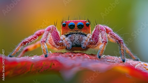  A tight shot of a spider on a bloom, adorned with water droplets on its face and legs