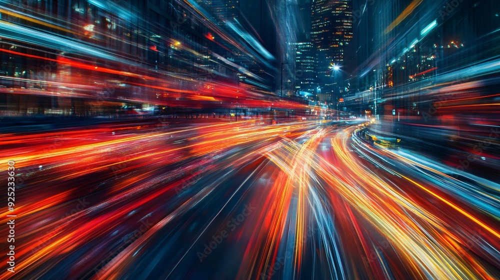 A dynamic abstract background that captures the energy and movement of a city at night. The design features streaks of light in vibrant colors, including reds, blues, and yellows, that stretch across A dynamic abstract background that captures the energy and movement of a city at night. The design features streaks of light in vibrant colors, including reds, blues, and yellows, that stretch across