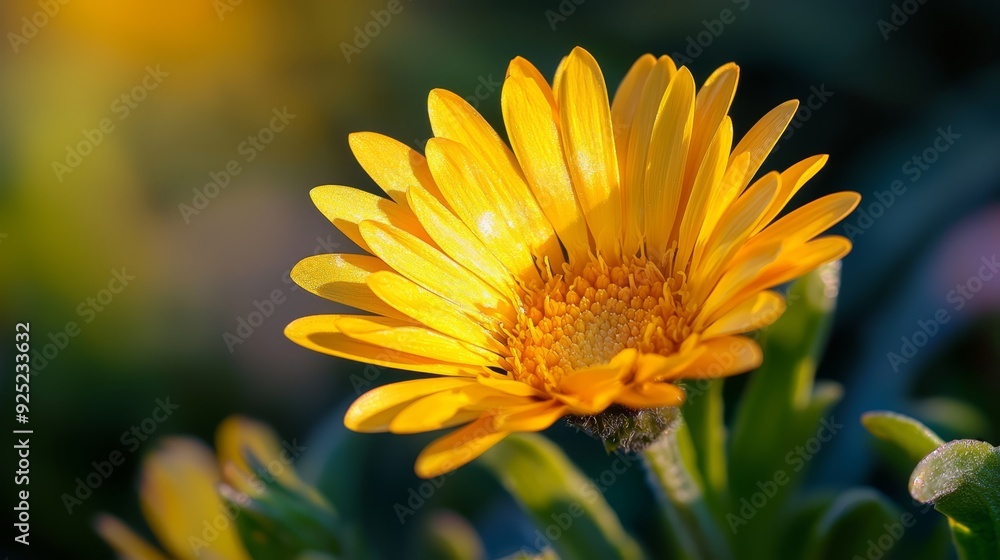 A tight shot of a yellow bloom against a backdrop of blurred greenery - the flower boasts green foliage in the foreground A tight shot of a yellow bloom against a backdrop of blurred greenery - the flower boasts green foliage in the foreground