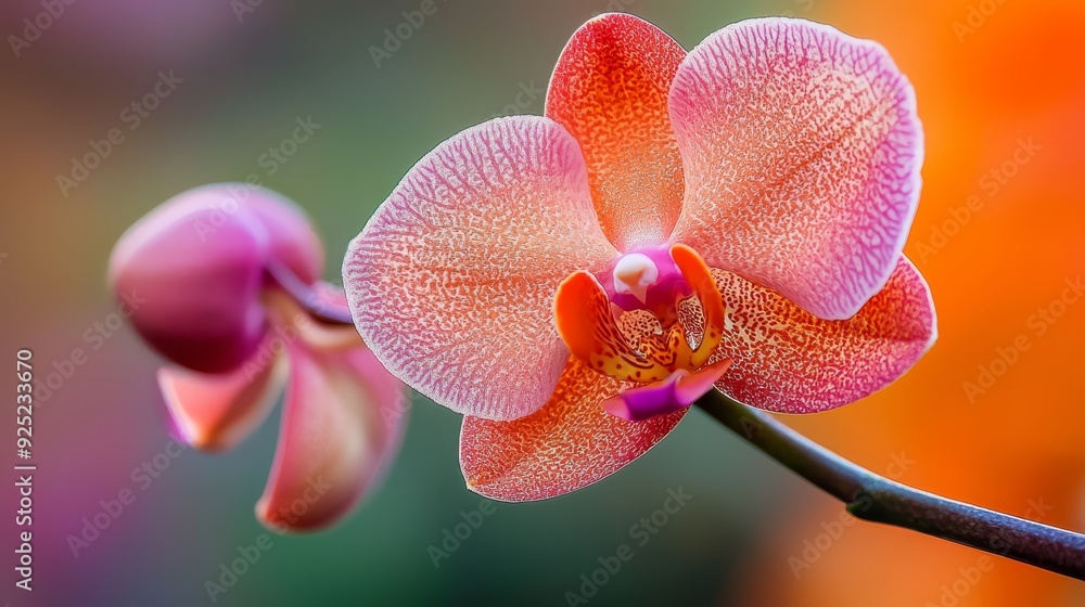 A tight shot of a pink blossom atop its stem against an indistinct backdrop of orange and pink blooms A tight shot of a pink blossom atop its stem against an indistinct backdrop of orange and pink blooms