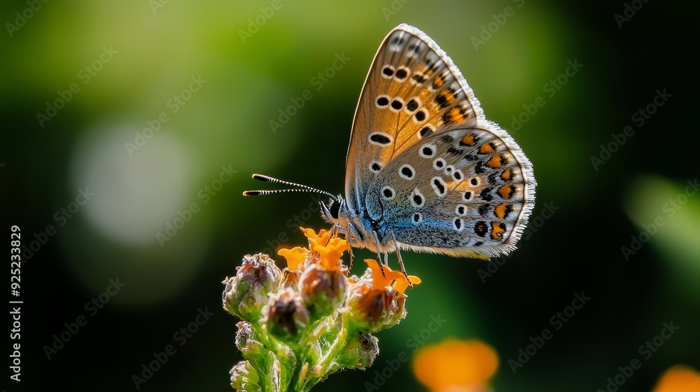 A tight shot of a butterfly atop a flower against a softly blurred backdrop of nearby leaves and blooms A tight shot of a butterfly atop a flower against a softly blurred backdrop of nearby leaves and blooms