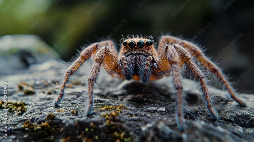  A tight shot of a jumping spider on a rock, surrounded by green moss in the foreground, while the background softly blurs