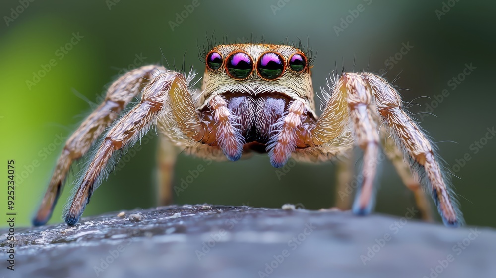 A tight shot of a spider on a wooden surface, background softly blurred, adorned with green foliage A tight shot of a spider on a wooden surface, background softly blurred, adorned with green foliage