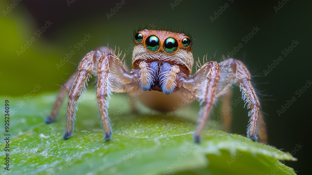 A tight shot of a jumping spider on a green leaf Background softly blurred A tight shot of a jumping spider on a green leaf Background softly blurred