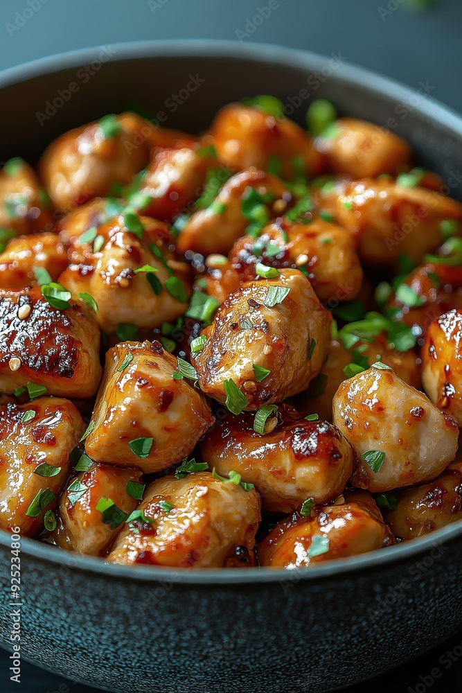 Glazed Chicken Bites with Fresh Herbs in Bowl Glazed Chicken Bites with Fresh Herbs in Bowl