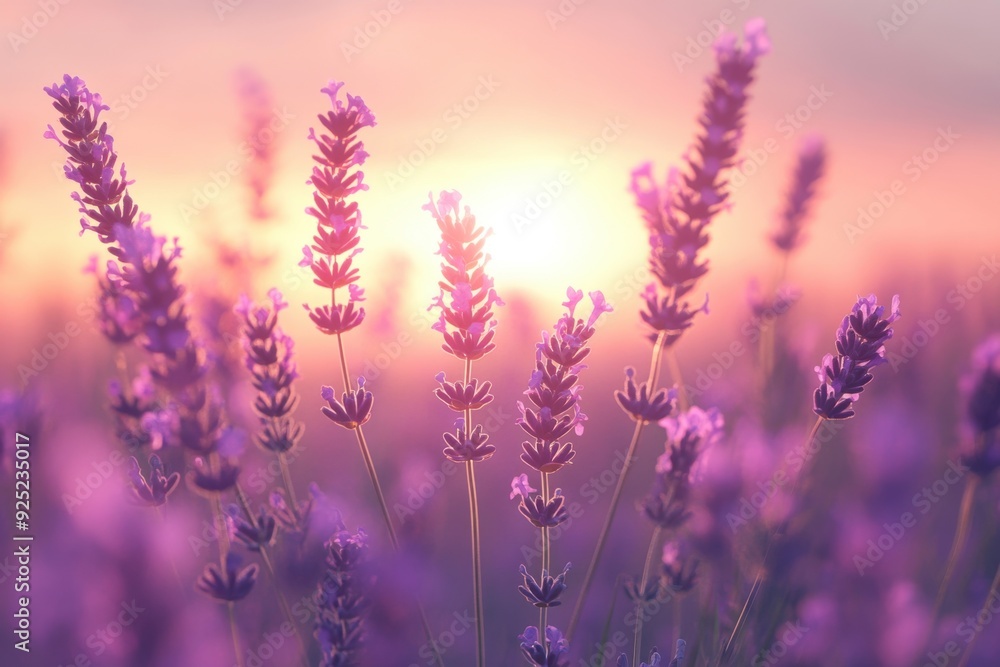 Naklejka premium Beautiful lavender flowers in the soft light of sunset, with a dreamy, out-of-focus atmosphere. The colors are a harmonious blend of purple and beige