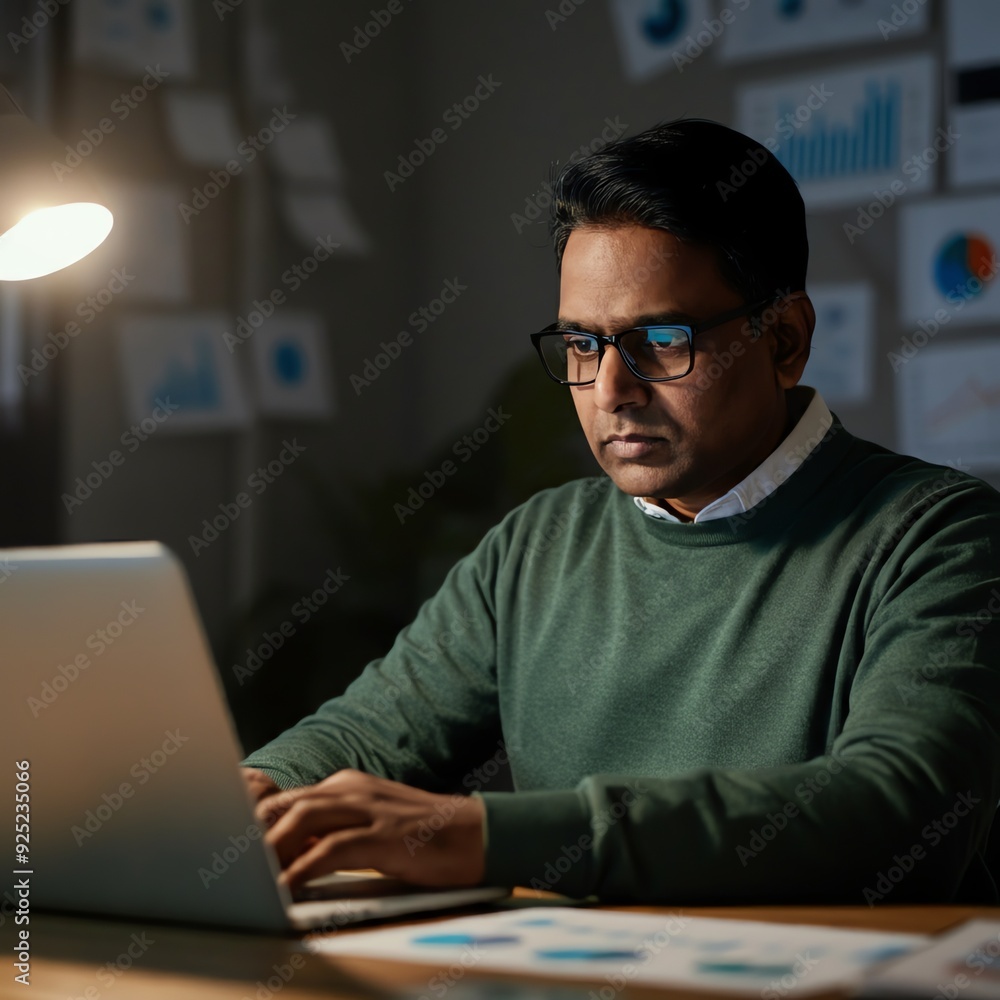 A focused Indian entrepreneur gazes intently at his laptop screen, contemplating a business challenge. He reads an email containing disappointing news, weighs his options, seeks a solution, reflects o A focused Indian entrepreneur gazes intently at his laptop screen, contemplating a business challenge. He reads an email containing disappointing news, weighs his options, seeks a solution, reflects o