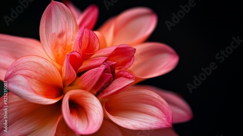  A pink flower, close-up, against a black backdrop with the reflection of its center