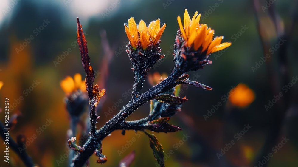 A tight shot of a plant boasting yellow blooms in the foreground, while the backdrop fades into a blur of trees A tight shot of a plant boasting yellow blooms in the foreground, while the backdrop fades into a blur of trees