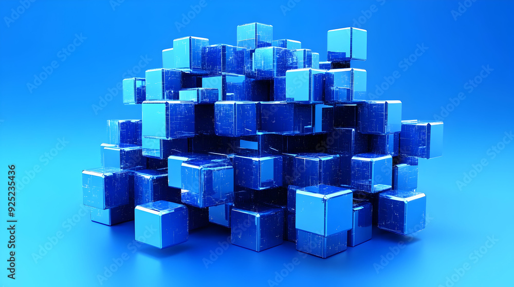 A cluster of reflective blue cubes arranged in a dynamic formation against a blue background. A cluster of reflective blue cubes arranged in a dynamic formation against a blue background.