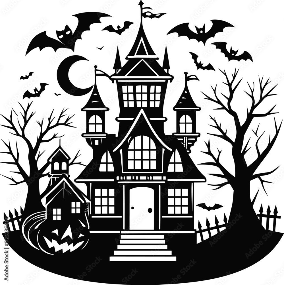 Halloween background with house, pumpkin, tree vector silhouette. Illustration of silhouette a scary house Halloween background with house, pumpkin, tree vector silhouette. Illustration of silhouette a scary house