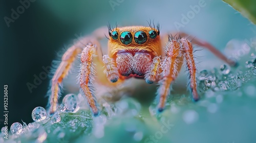  A tight shot of a spider on a wet leaf, with water beads on its hind legs and reflective eyes photo