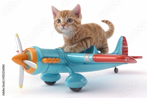 cat riding a plane on white background